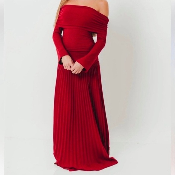 Worth Collective Dresses & Skirts - Elegant Off-Shoulder Red Pleated Maxi Dress Bump Friendly Maternity NWT